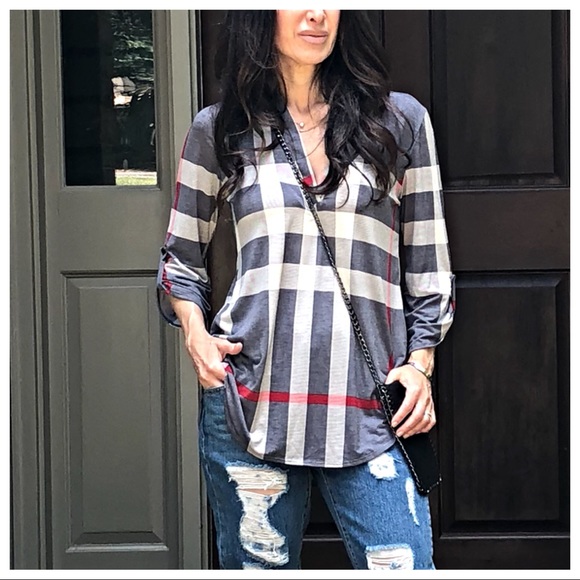 Tops - ✨LAST ONE ✨Plaid grey roll up sleeves tunic top